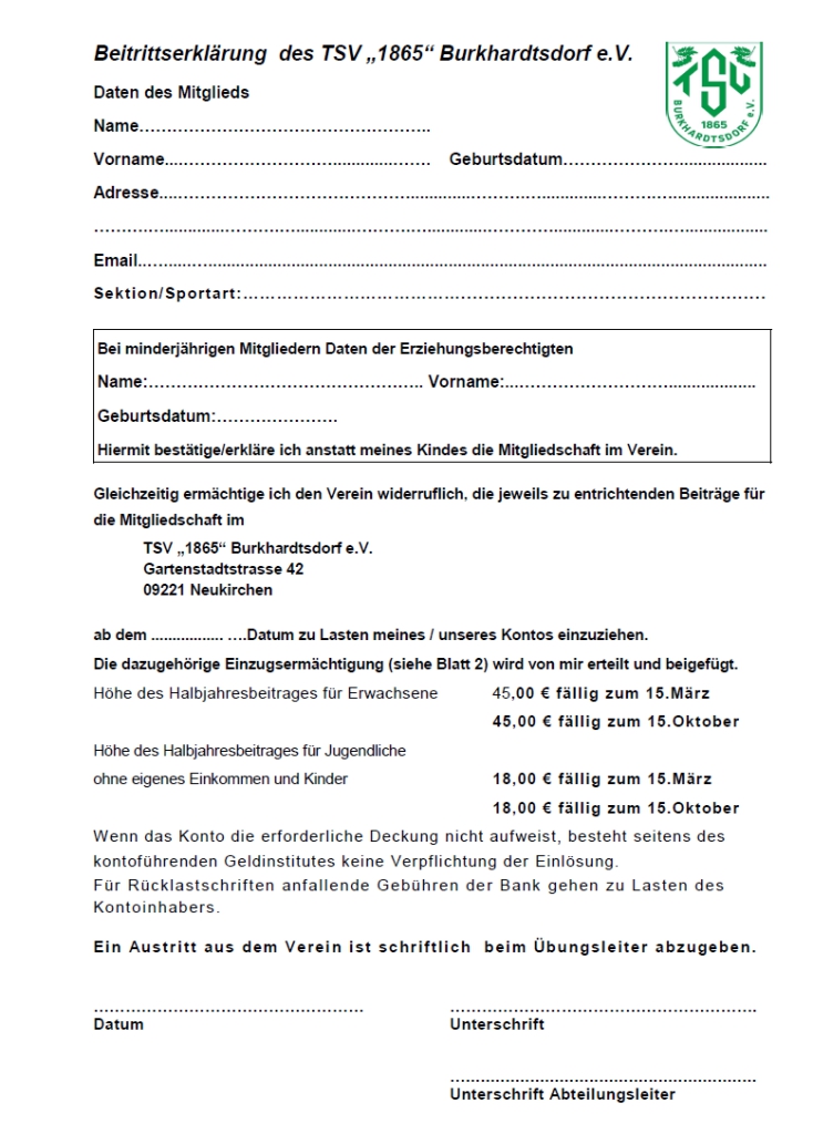 Formular zur Beitrittserklärung